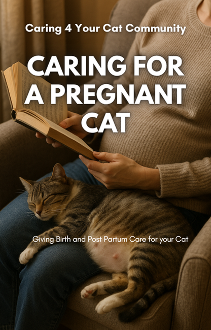 Person reading a book to a pregnant cat on a couch, with text about caring for a pregnant cat.
