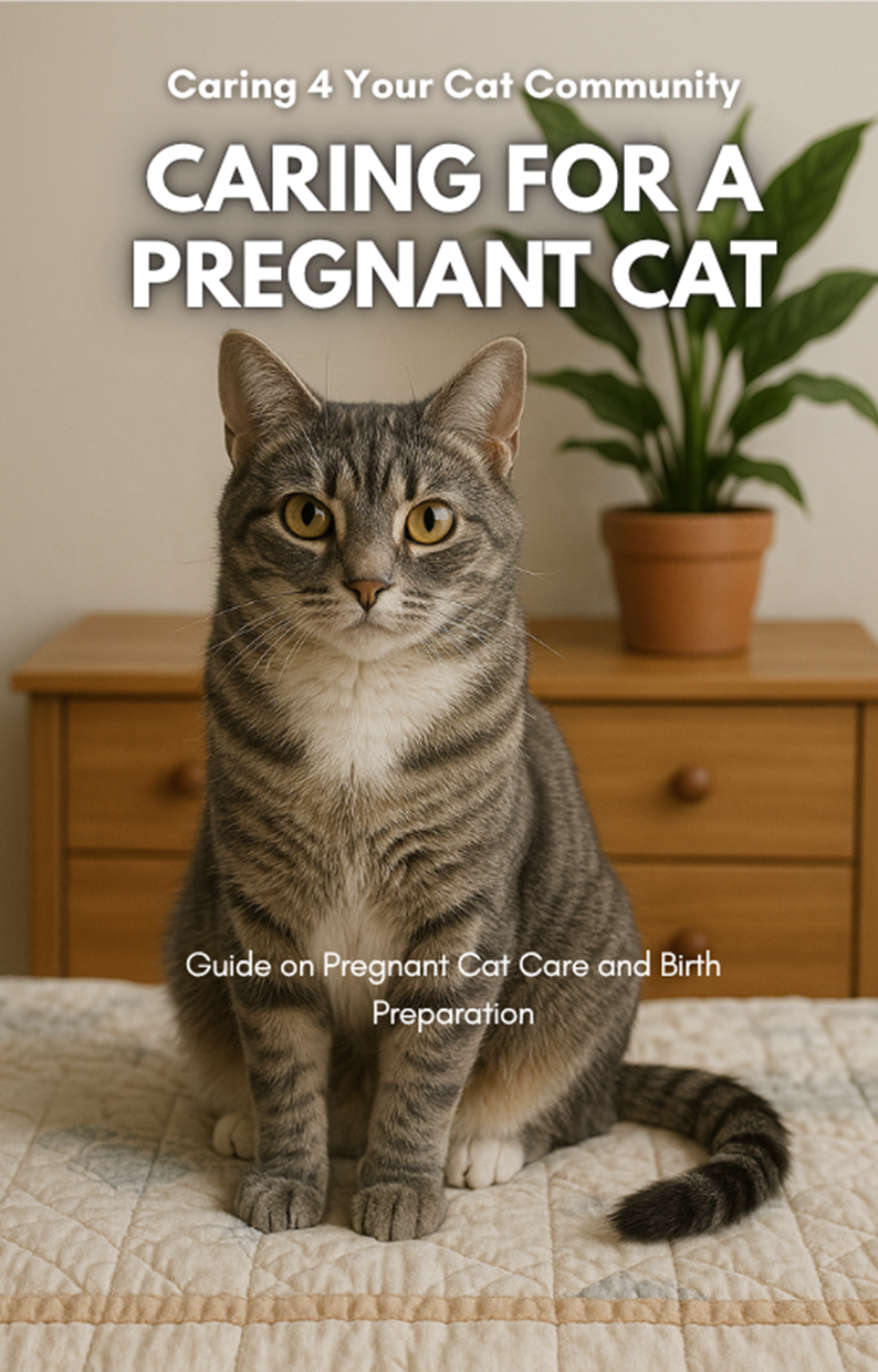 Cat sitting on a bed with text about caring for a pregnant cat