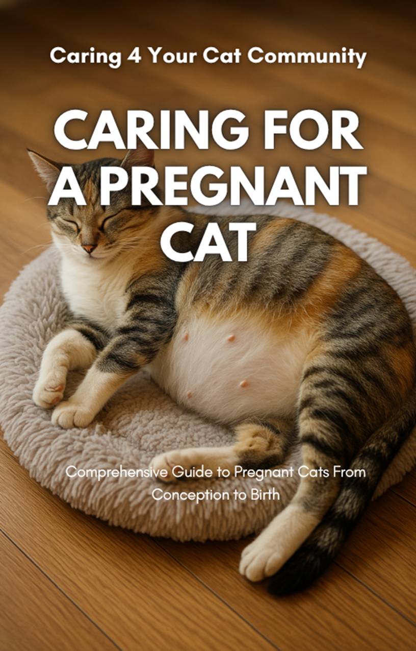Cat lying on a cushion with text about caring for a pregnant cat