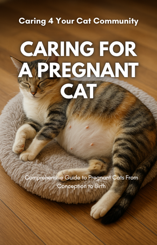 Cat lying on a cushion with text about caring for a pregnant cat